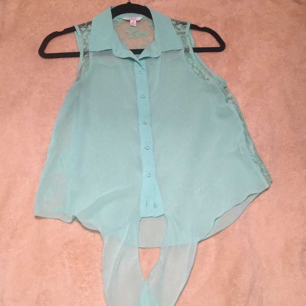 Candies Sheer & Lace Sea Blue Button-Up Top
